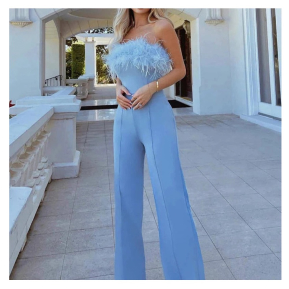 Auri Feathered Flared Jumpsuit (Size: Medium, Color: Blue)